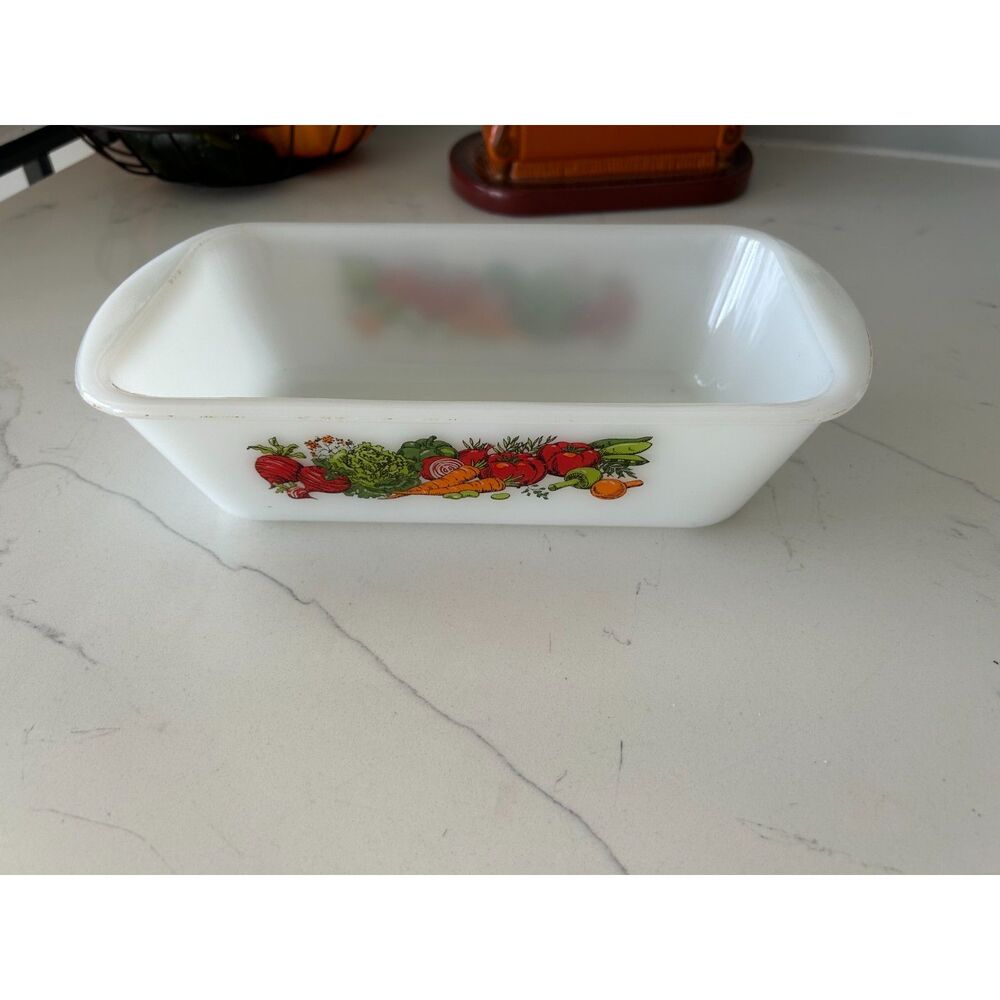 Vintage Fire King Milk Glass Loaf Pan, Harvest Pattern